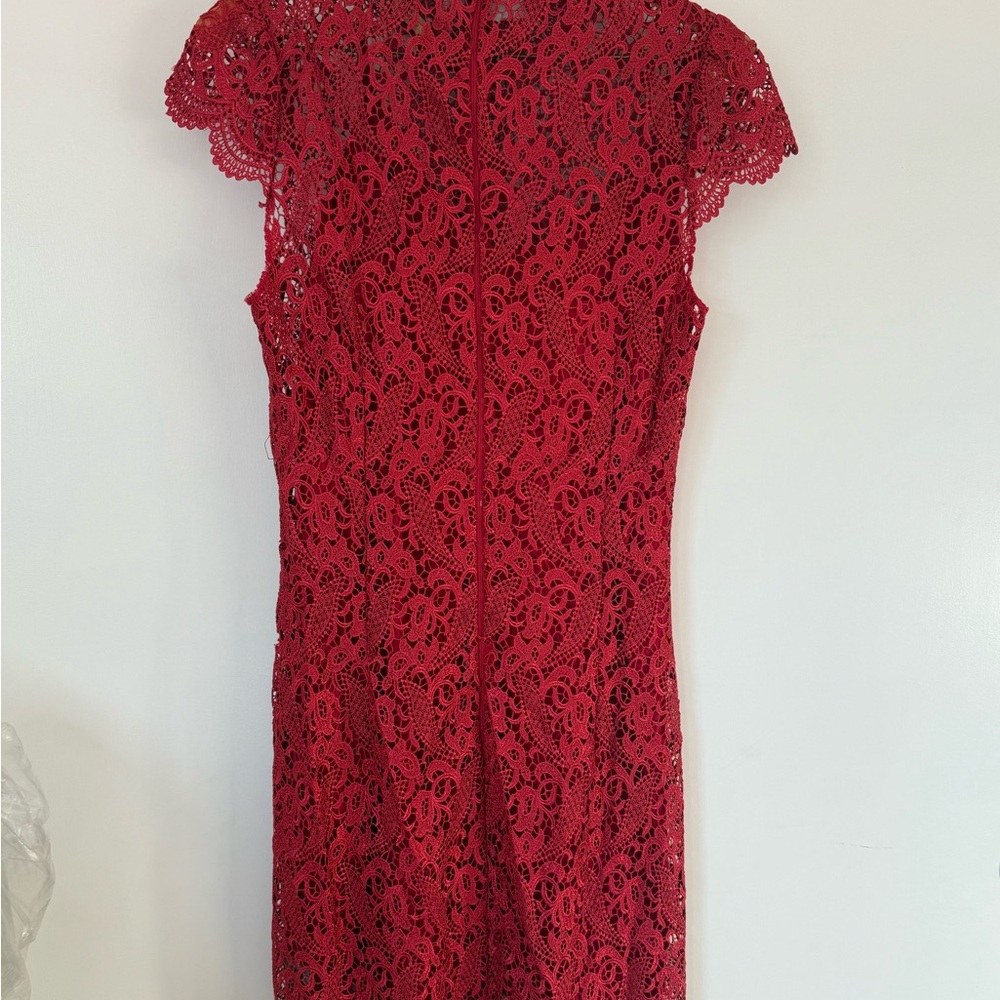 Neiman Marcus Scarlet Lace Midi Dress